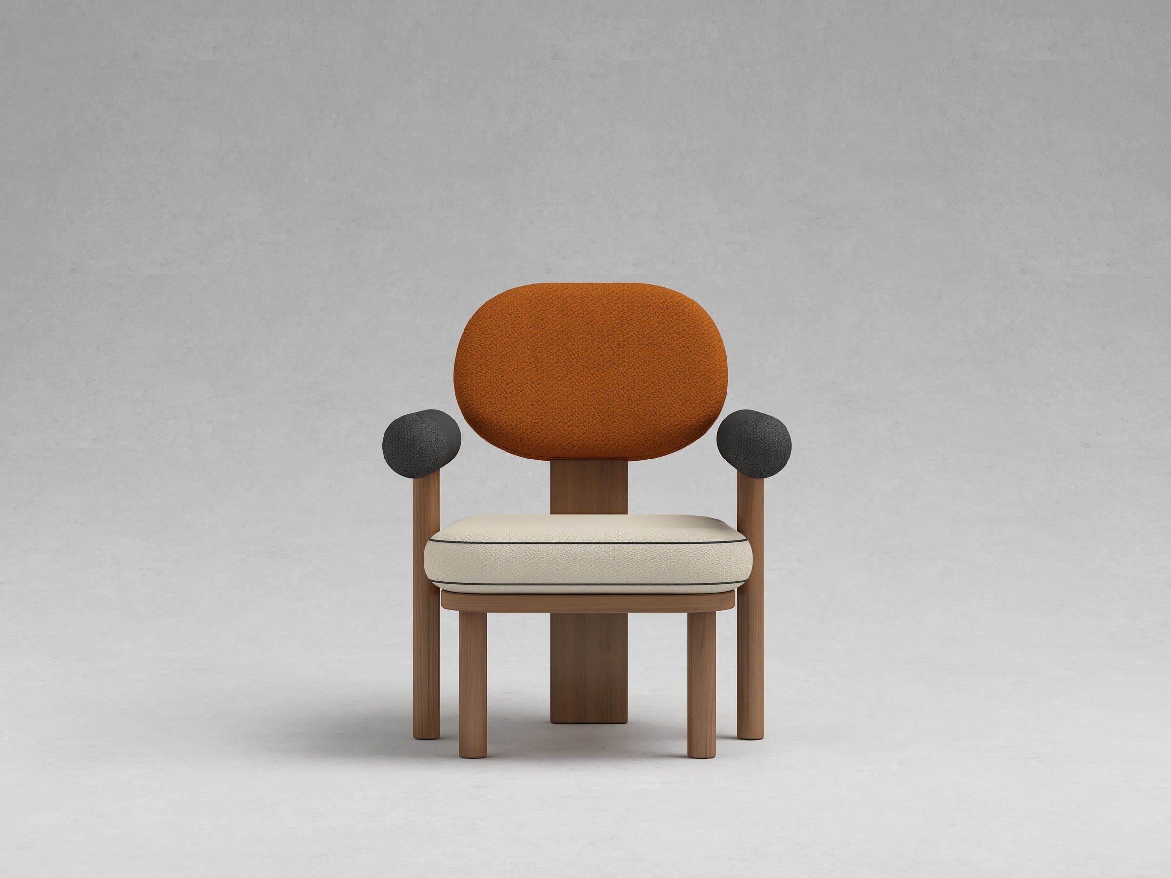 Lounge chair with an oval burnt-terracotta backrest, dark bolster arms on each side, and an ivory boucle seat edged in black piping, on a solid dark wood frame