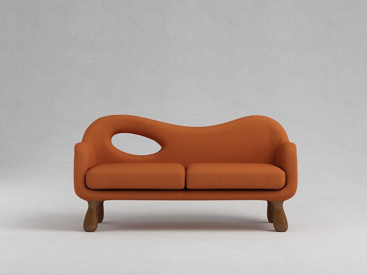 Sofa/bench with a sweeping backrest cut through by an oval void, two seat cushions on rounded bulb-shaped legs